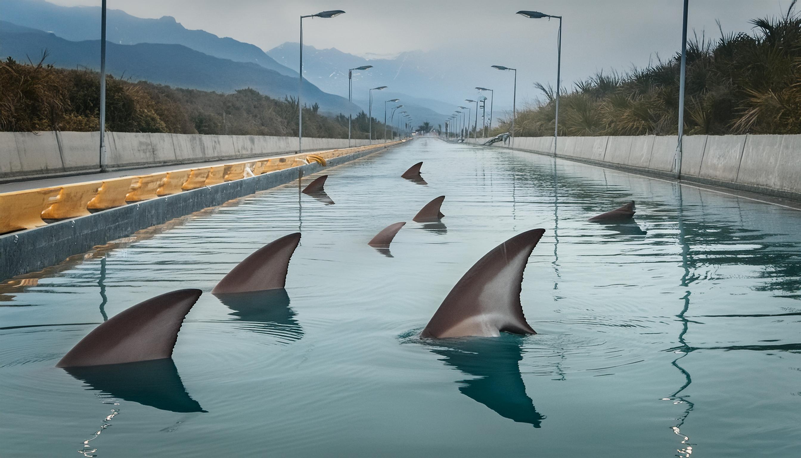 An AI-generated image of sharks swimming in a flooded highway.