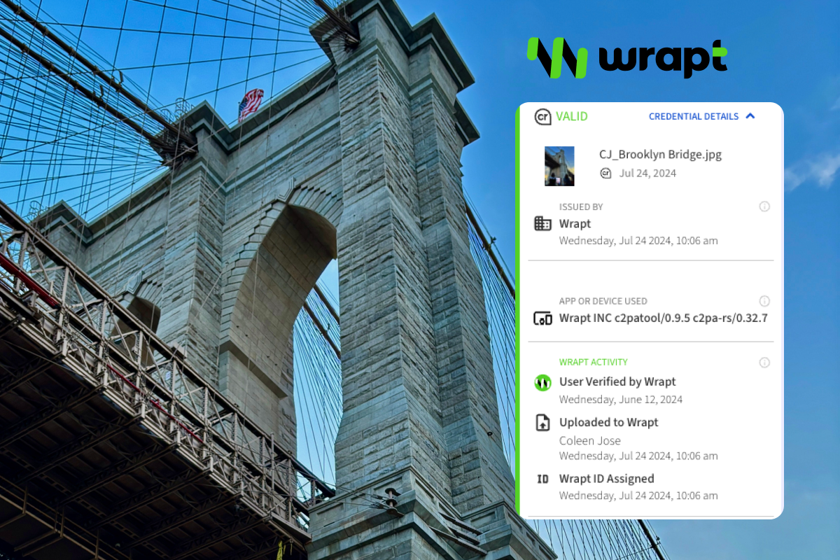 An image of the Brooklyn Bridge with credentials from Wrapt overlaid.